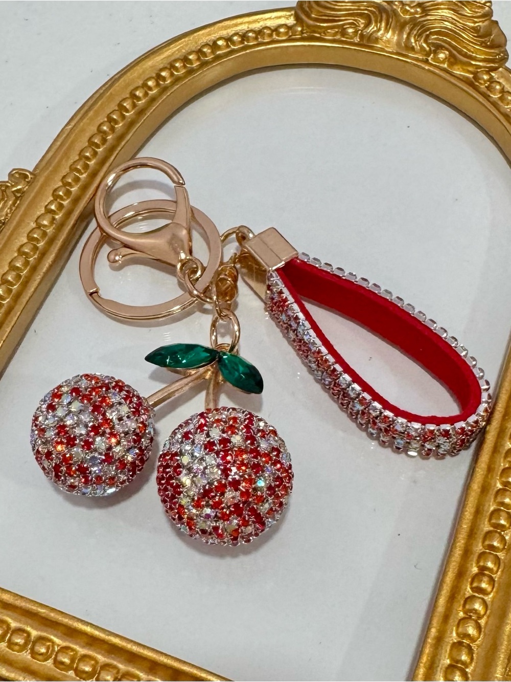 New Red & White Rhinestone Cherry Keychain - Picture 3 of 4